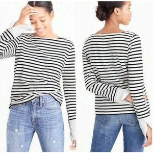 J. Crew | M | 100% Cotton Boat Neck Striped White Navy Cuff Wrist L/S Top Sz M